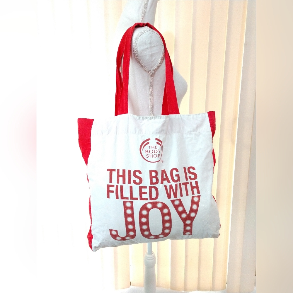 The Body Shop Tote Bag Shopping French English Joy Red White Organic Cotton XMAS